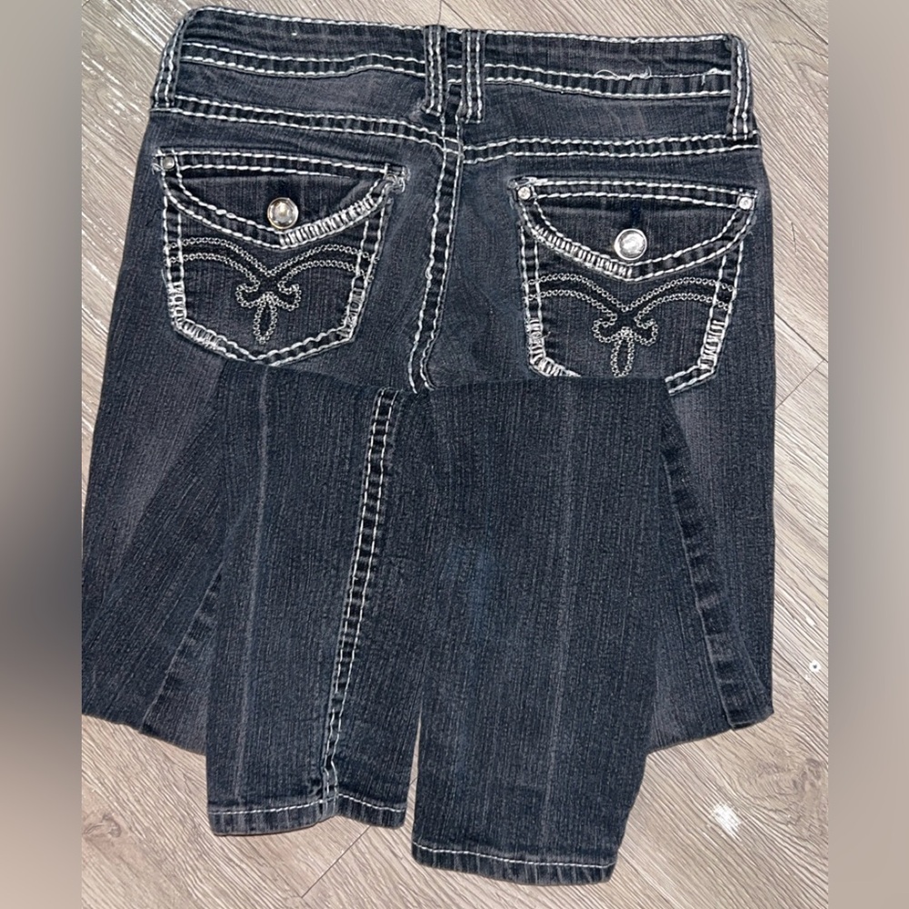 V.I.P. brand dark wash denim jeans with white contrast stitching and rhinestone